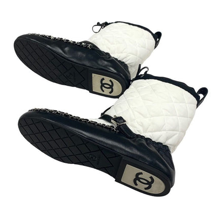 Chanel Boots Short Boots Shoes Nylon Leather White Black Matelasse Chain Belt