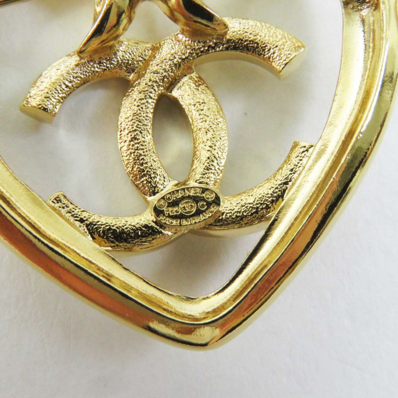 CHANEL F23C Coco Mark Heart Brooch With Rhinestones Gold With Box Ladies