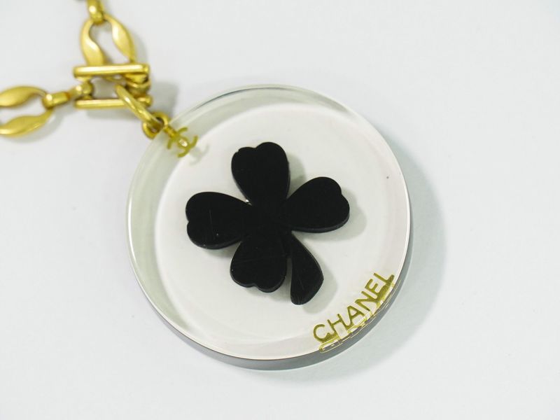Authentic Chanel Clover Necklace Pendant Plastic GP Gold Plated Clear Black