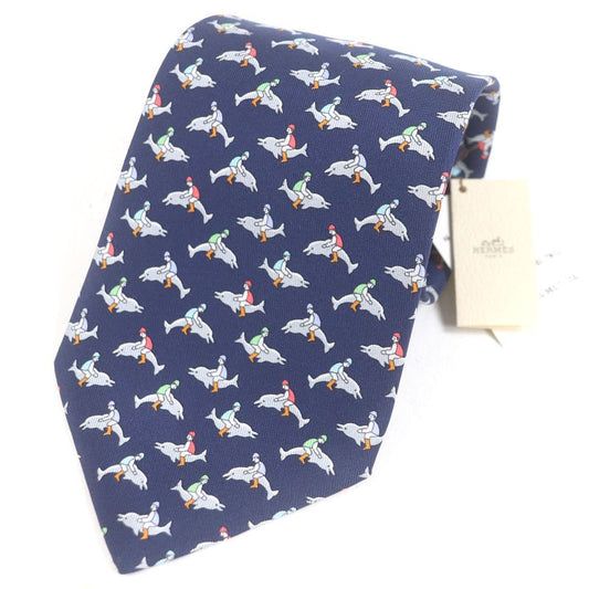 Hermes 5241 SA 100% Silk Dolphin All Over Pattern Wide Tie Marine Made In