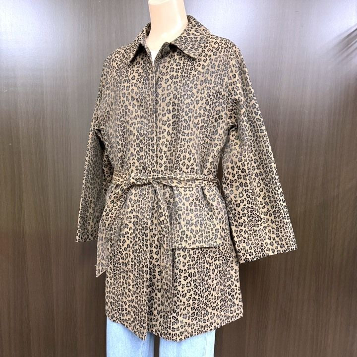 Fendi Jeans Chesterfield Coat Leopard Print Polyester Cotton Brown Black