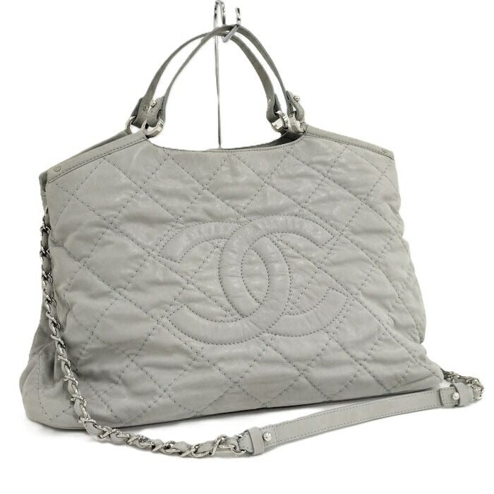 Chanel 2-Way Shoulder Bag Quilted Leather Light Gray