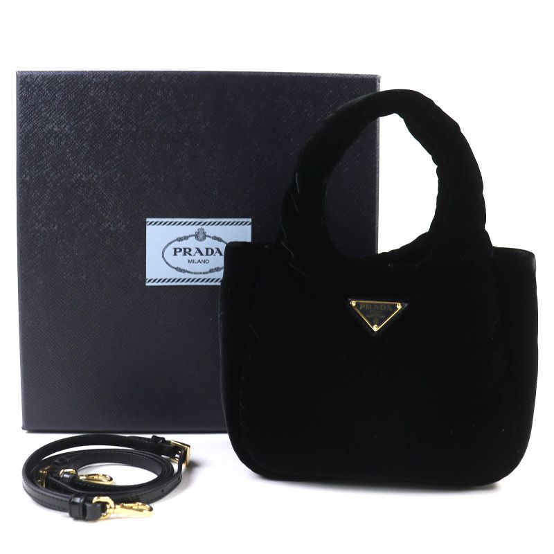 Prada 1ba410 Padded Velvet Mini Handbag Triangle Logo 2WAY Shoulder Bag Black