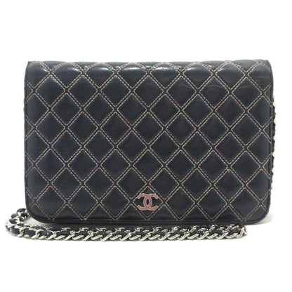 Chanel Wallet Matelasse /double Stitched Dark Navy And Pink Silver Hardware /