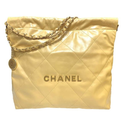 Chanel 22 Tote Small Handbag As3260 Matelasse Coco Mark Plate Yellow Gold