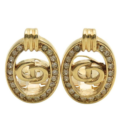 Christian Dior Earrings CD Logo Metal Rhinestone Gold Plated Accessory
