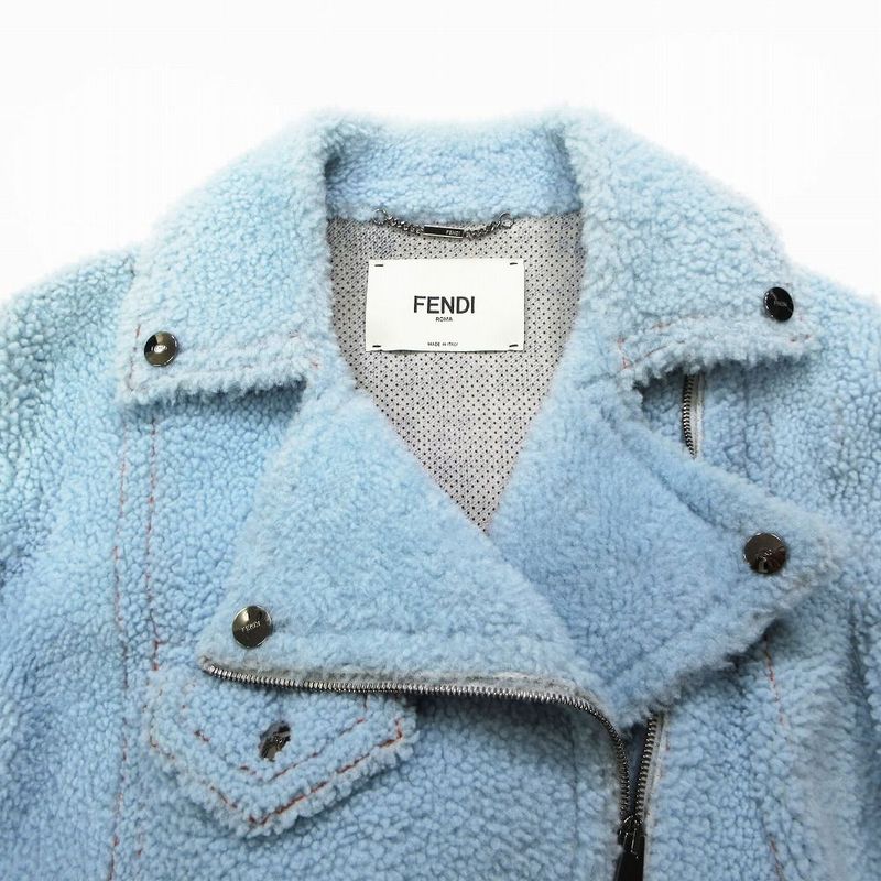 Fendi Lamb Mouton Double Riders Jacket Short Length Light Blue Size 40 Ap12-15-4