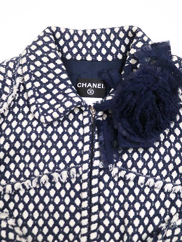 Chanel 2008 Flower Bijoux Tweed Zip Coat Navy 38