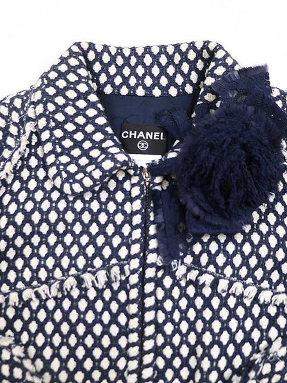 Chanel 2008 Flower Bijoux Tweed Zip Coat Navy 38