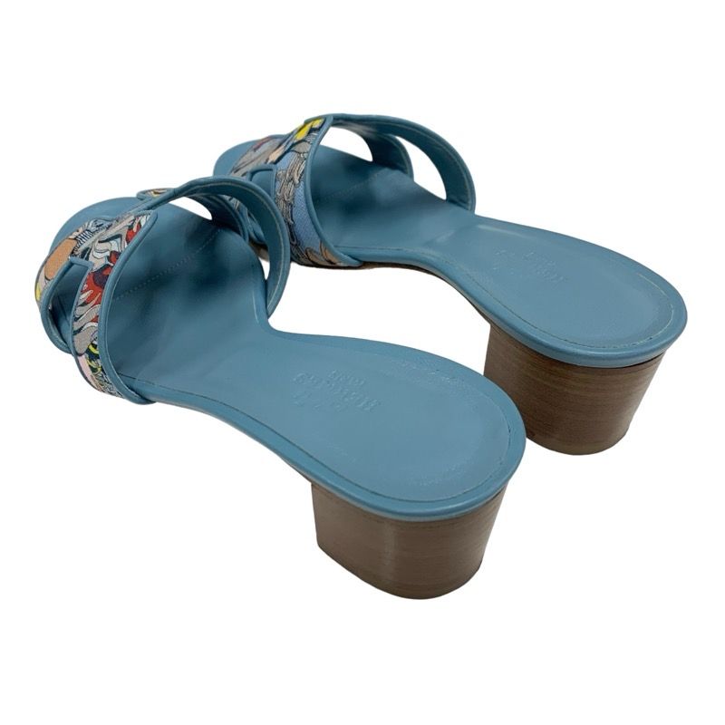 Hermes Oasis Sandals Shoes Canvas Leather Light Blue Multicolor Mule Pattern