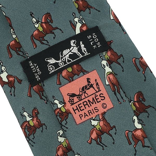 Hermes Tie with Equestrian Pattern 9cm (3.54in) Silk Green and Multicolor Green