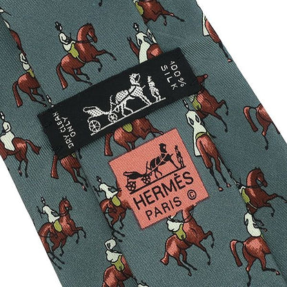 Hermes Tie with Equestrian Pattern 9cm (3.54in) Silk Green and Multicolor Green