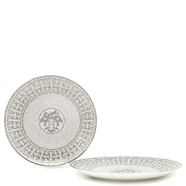 Hermes Tableware Dess Ert Plates Mosaic 24 Set of 2 Porcelain Platinum Never