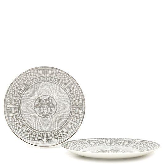 Hermes Tableware Dess Ert Plates Mosaic 24 Set of 2 Porcelain Platinum Never