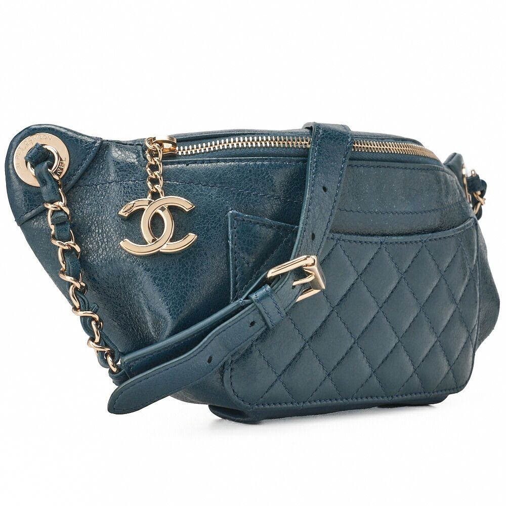Chanel Waist Bag Matelasse Lambskin With Coco Charm Blue Gold Hardware Ladies
