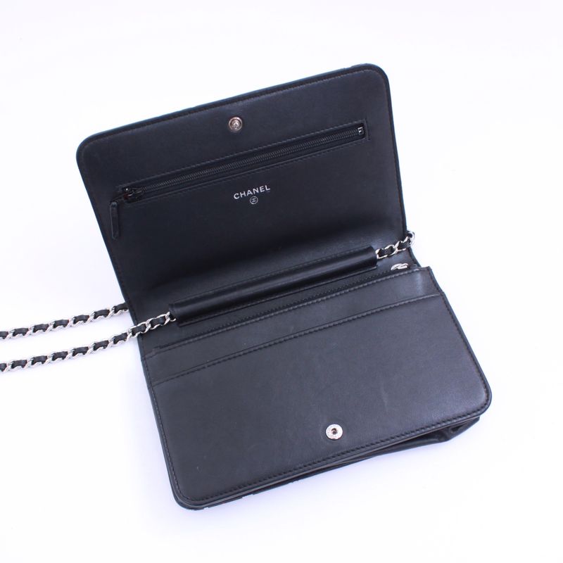 Chanel Typography Chain Wallet Leather Black Multicolor Shoulder Bag Silver