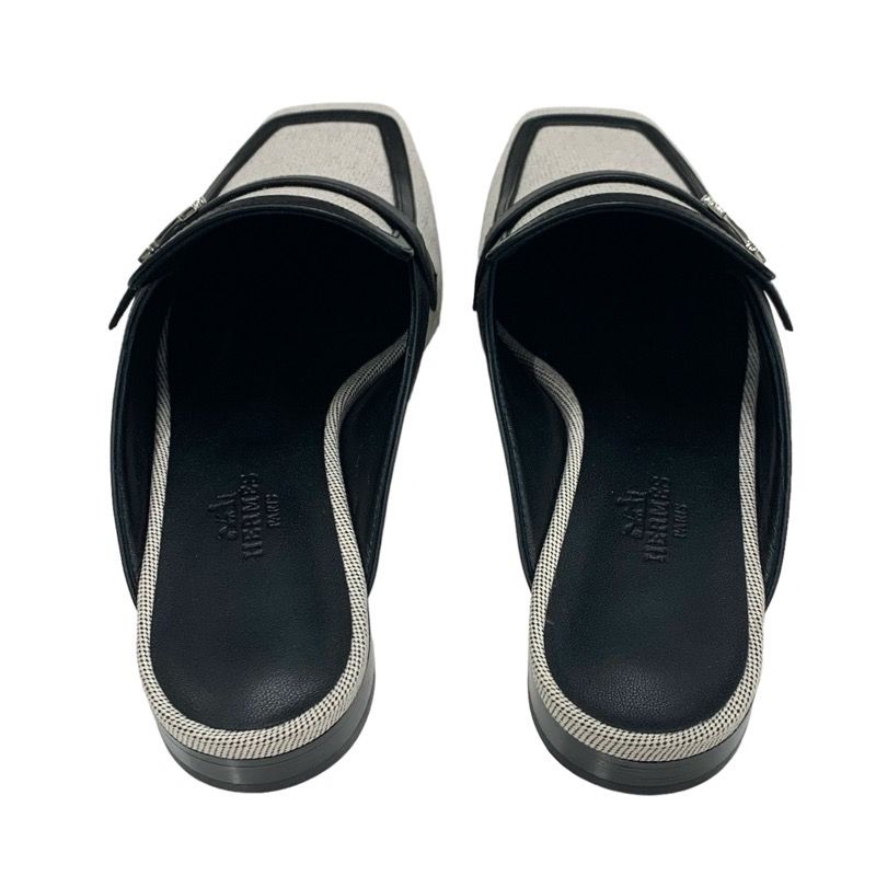 Hermes Groupie Flat Shoes Canvas Leather Black Unused Mule Slipper Sandals