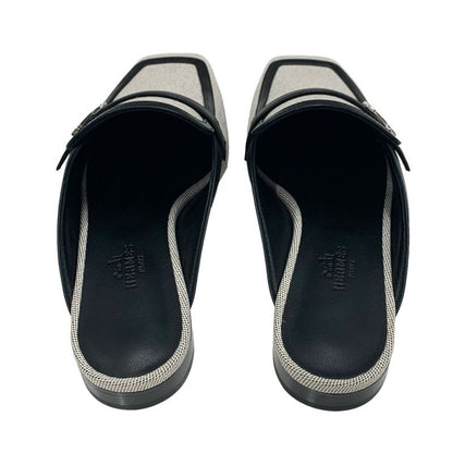 Hermes Groupie Flat Shoes Canvas Leather Black Unused Mule Slipper Sandals