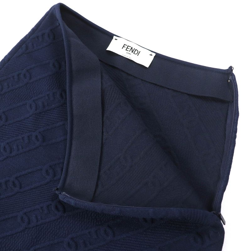 Fendi 2022 Fzq677 FF Logo Chain Knit Long Skirt Navy 40 Genuine