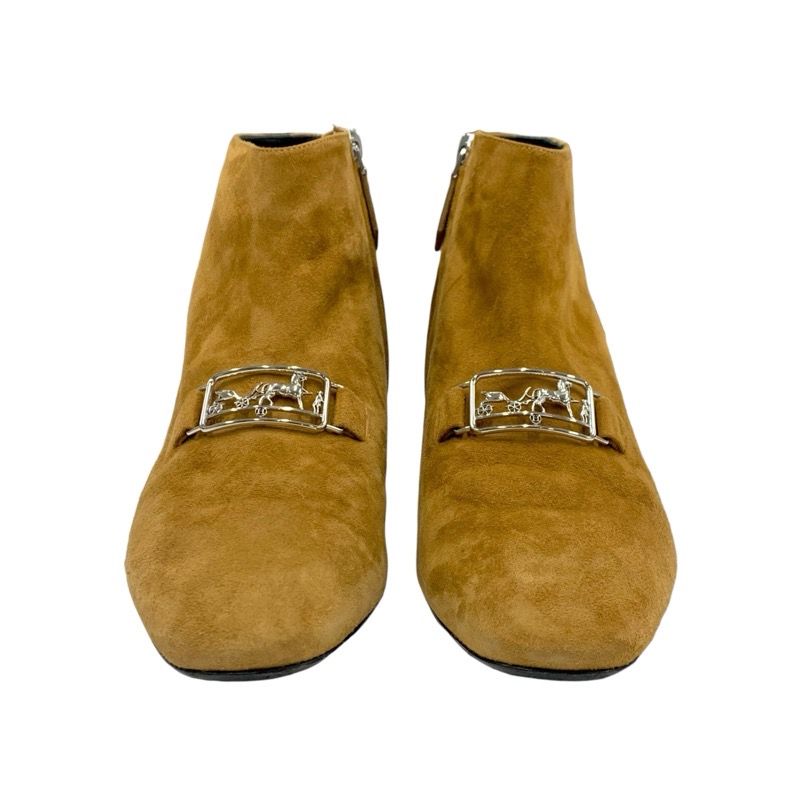 Hermes Boots Short Boots Shoes Suede Brown Silver Hose