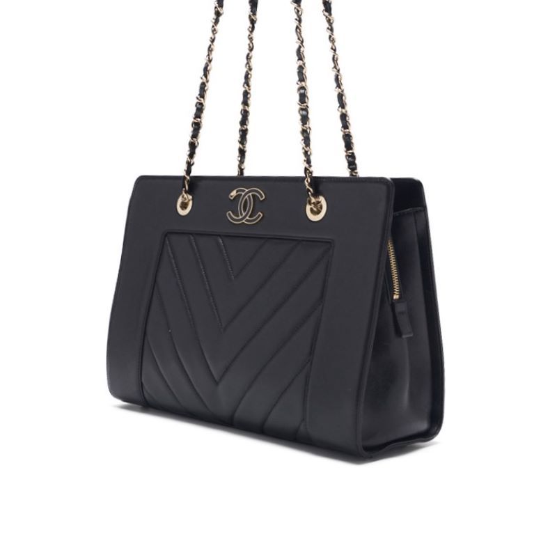 Chanel V Stitch Decacoco Double Chain Shoulder Lamb Skin Black With Gold