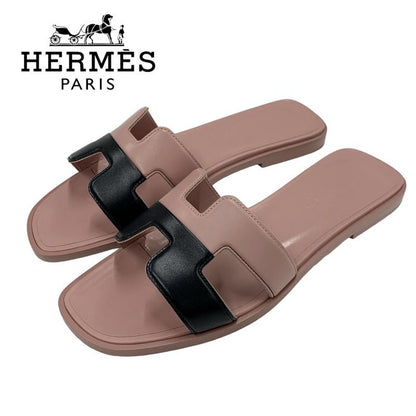 Hermes Oran Sandals Shoes Leather Pink Black Flat Sandals Mules