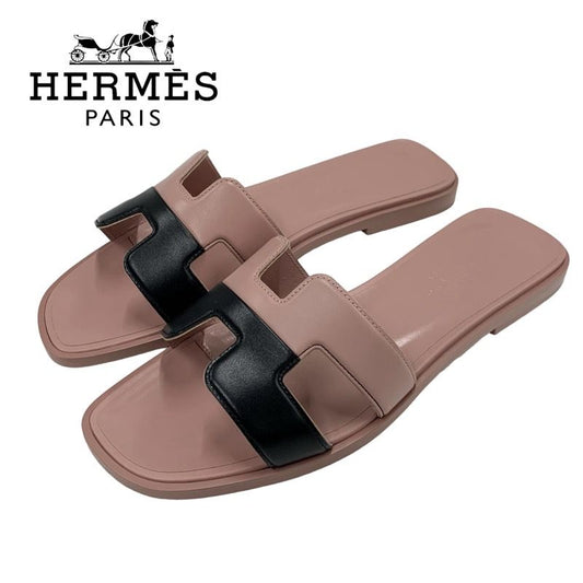 Hermes Oran Sandals Shoes Leather Pink Black Flat Sandals Mules