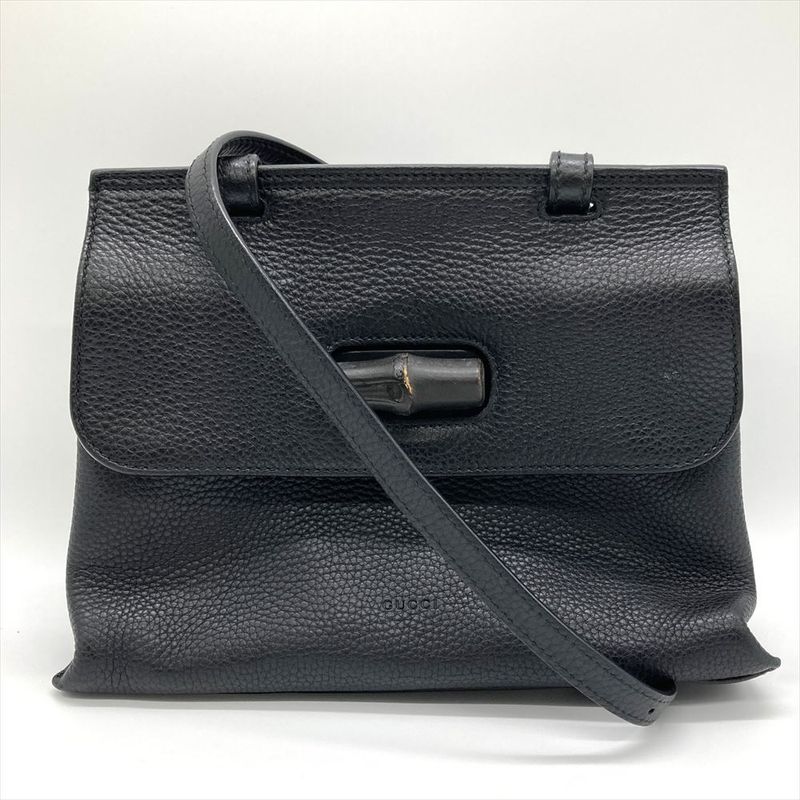 Gucci Daily Bamboo Handbag Leather 370831 Black Silver Hardware Women