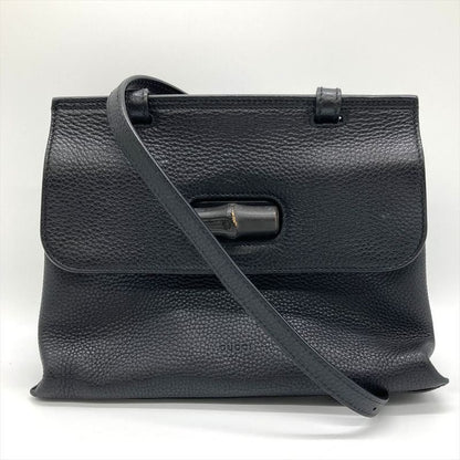Gucci Daily Bamboo Handbag Leather 370831 Black Silver Hardware Women