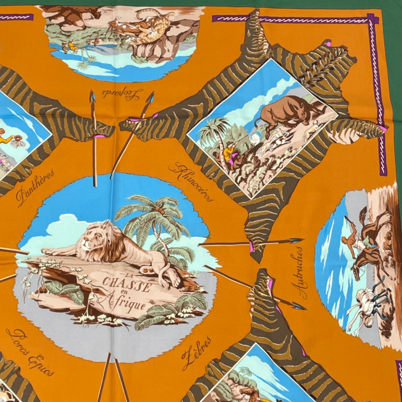 Hermes Carre 90 Scarf Silk LA Chasse En Afrique African Hunt Green
