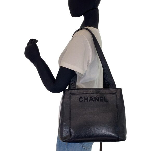 CHANEL CC Timeless Caviar Logo Shoulder Tote Bag Black Leather Purse