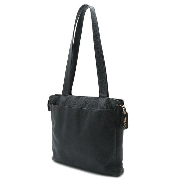 CHANEL CC Timeless Caviar Logo Shoulder Tote Bag Black Leather Purse