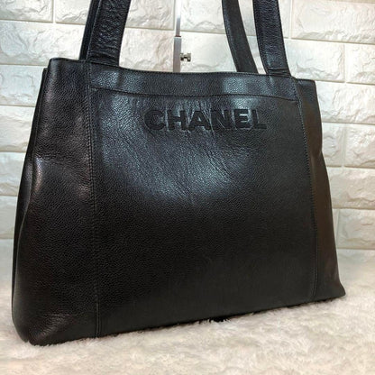 CHANEL CC Timeless Caviar Logo Shoulder Tote Bag Black Leather Purse
