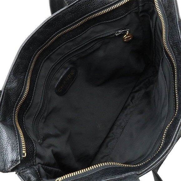 CHANEL CC Timeless Caviar Logo Shoulder Tote Bag Black Leather Purse