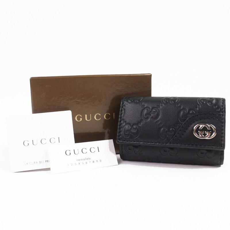 Gucci 181680 Guccissima Interlocking G 6-stack Leather Key Case Black Silver