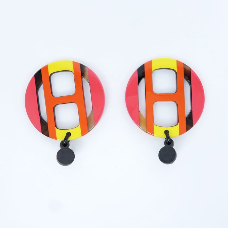 Hermes Earrings H Equipe Buffalo Horn Pair Multicolor Pink Accessories