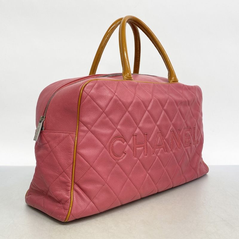 Chanel Boston Bag Matelasse Leather Patent Leather Pink Silver Hardware Men