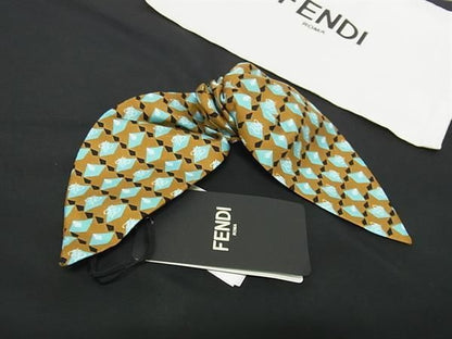 Fendi 100% Silk Full Ribbon Hair Clip Hair Accessory Women's Brown And Blue
