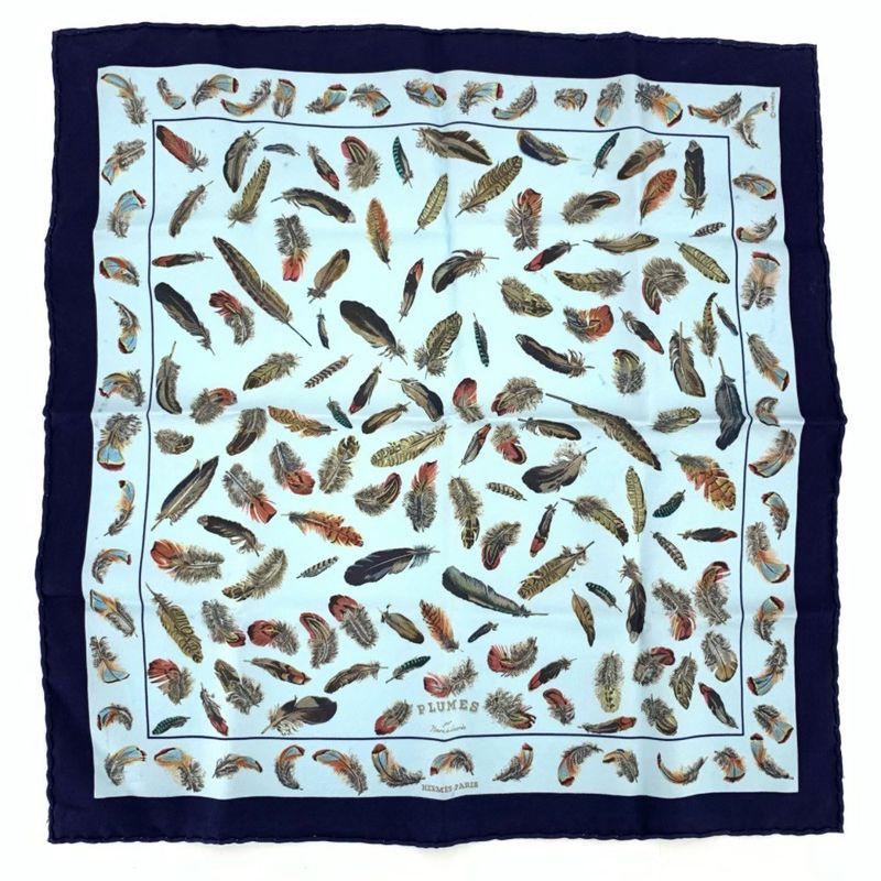 Hermes Carré 40 Plumes Feathers Navy And Blue 100% Silk Scarf