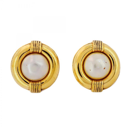 Chanel Earrings Vintage Round Shape Circle GP Plated Faux Pearl Gold Ladies