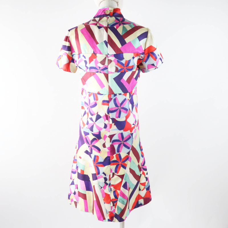 CHANEL P53088 16C 100% Silk Coco Mark Pattern Short Sleeve Dress Pink Blue Red