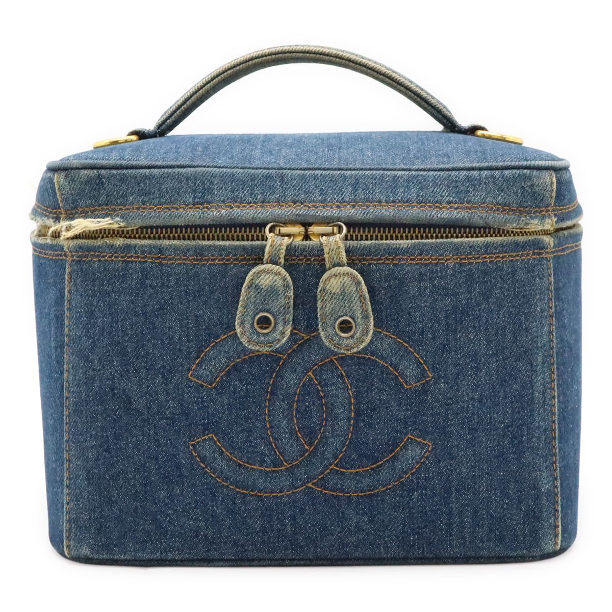 Chanel Coco Mark Denim Vanity Bag Handbag Cosmetic Pouch Makeup Pouch Blue Gold