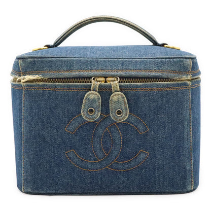 Chanel Coco Mark Denim Vanity Bag Handbag Cosmetic Pouch Makeup Pouch Blue Gold