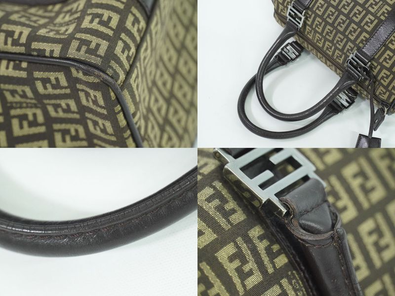 Authentic Fendi Zucchino Mini Boston Bag Handbag Canvas Beige Brown 8bl068