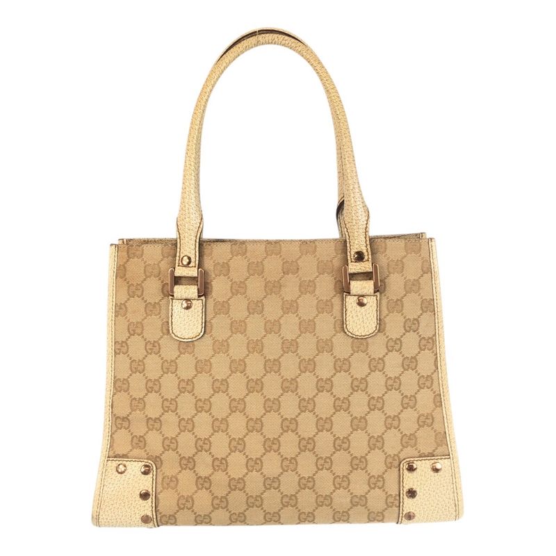 Gucci GG Canvas Studded Ivory Gold Hardware Canvas/leather 124260 Tote Bag