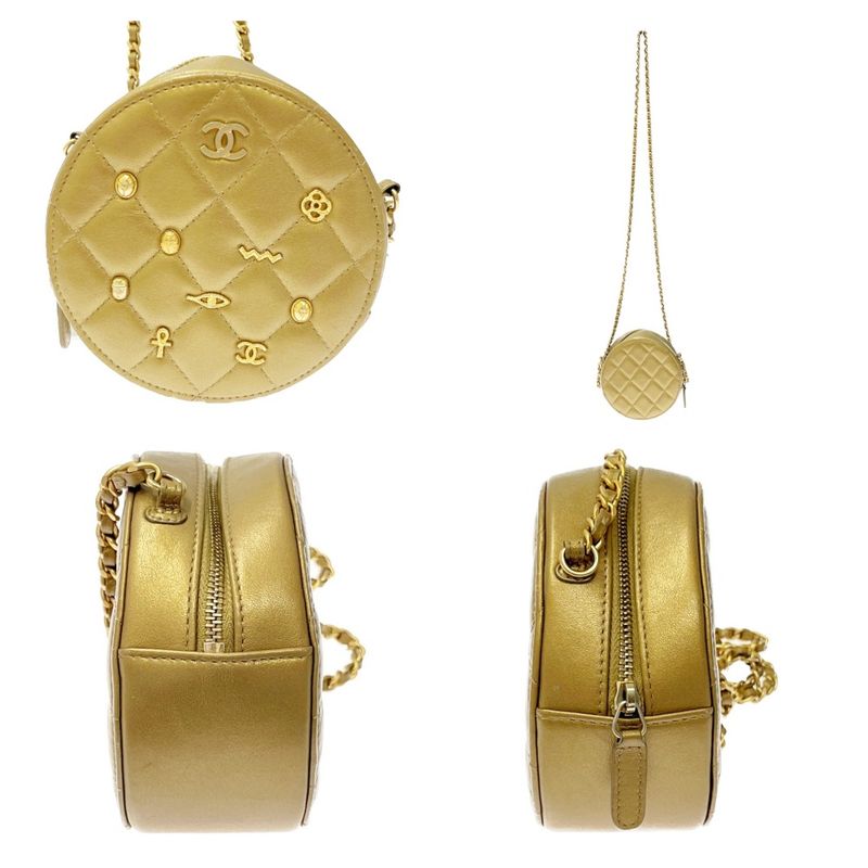 Chanel Matelasse Lambskin Coco Mark Round Chain Shoulder Bag Gold 371307