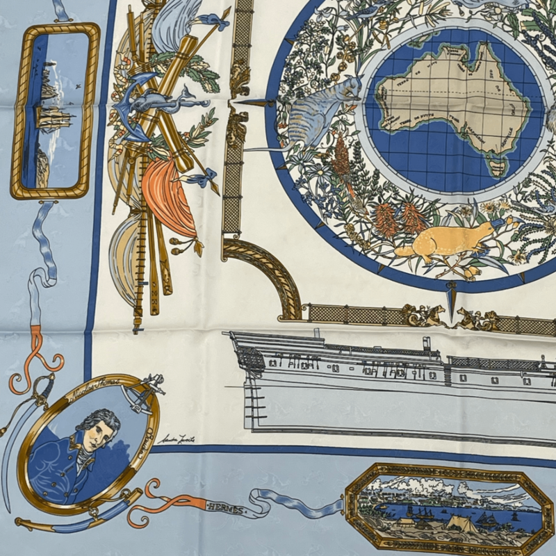 Hermes Carre 90 LE Geographe Geographer Blue And Multicolor 100% Silk