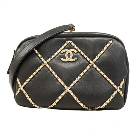 Chanel Shoulder Bag Matelasse Lambskin Black Chien Pan Gold Hardware Women