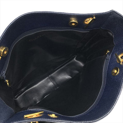 Chanel Triple Coco Mark Tote Bag Caviar Skin Navy Chain Shoulder Women