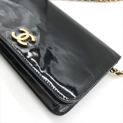Chanel CC Logo Patent Chain Shoulder Bag Black Push Lock